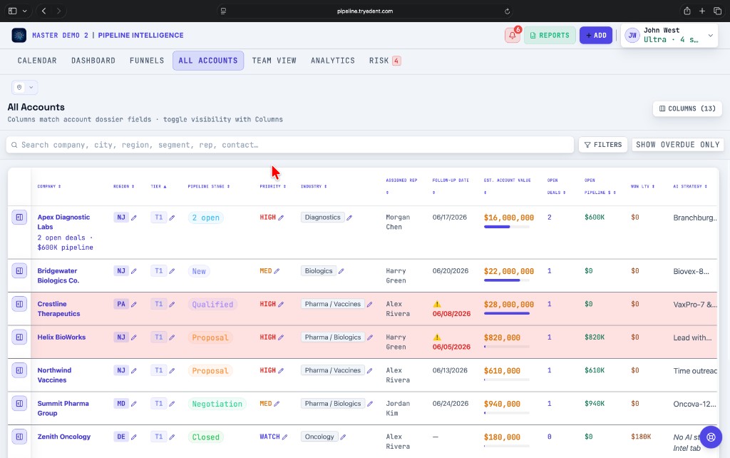All accounts table with pipeline stage, priority, and AI strategy column
