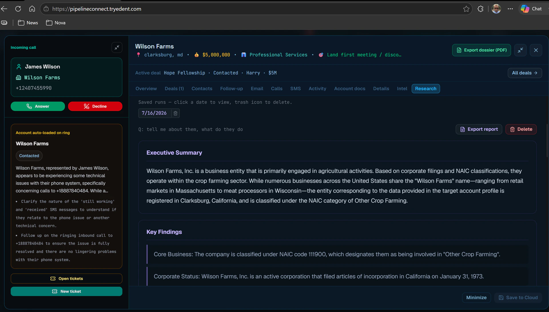 Pipeline Intelligence showing an incoming customer call beside the account dossier and research briefing