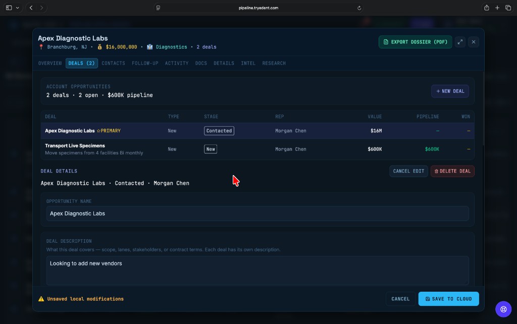 Multi-deal account view with deal stages, values, and deal-level details