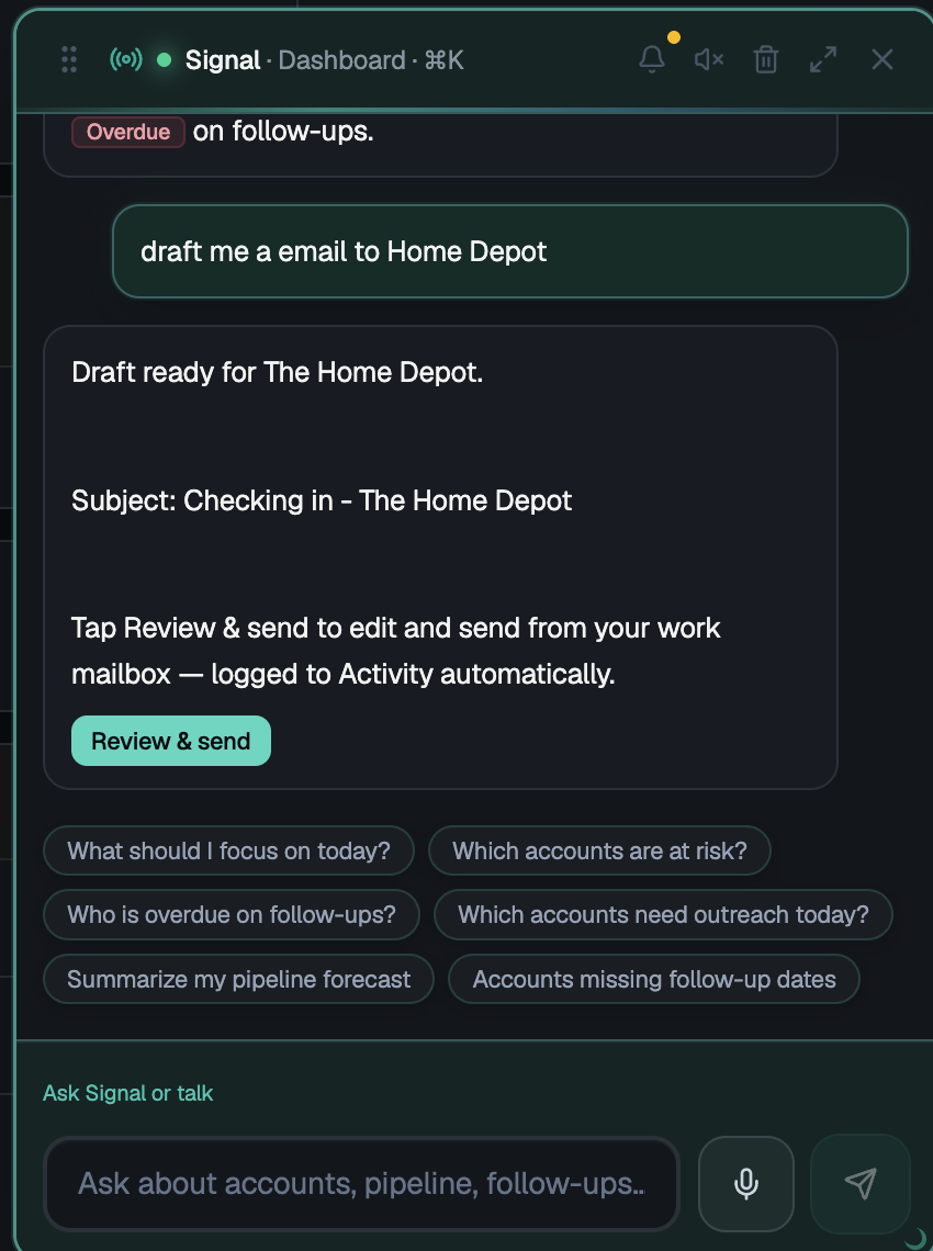 Signal-Copilot preparing an account-grounded customer email for review