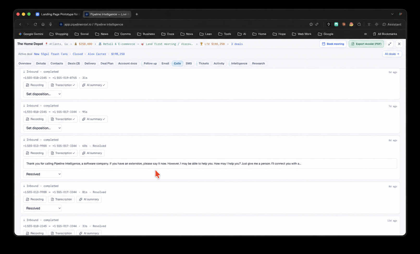 Pipeline Intelligence call transcription workspace